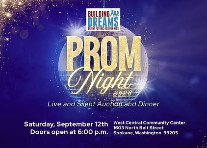 Image with large disco ball and purple background. Says "Prom Night 2026. Building Dreams".